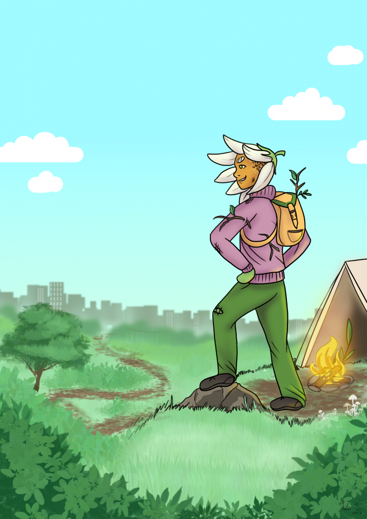 Drawing of a man with a head that looks like a flower standing next to a camp fire and looking ahead into a distant city.