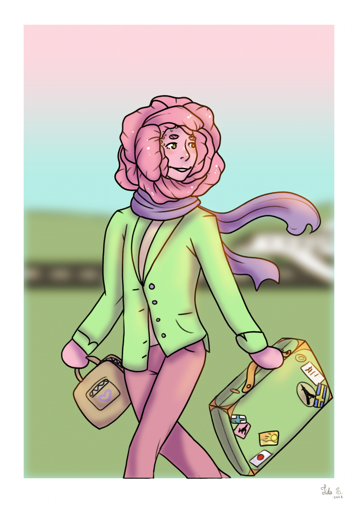 A person with a head shaped like a flower walking with a suitcase in hand.