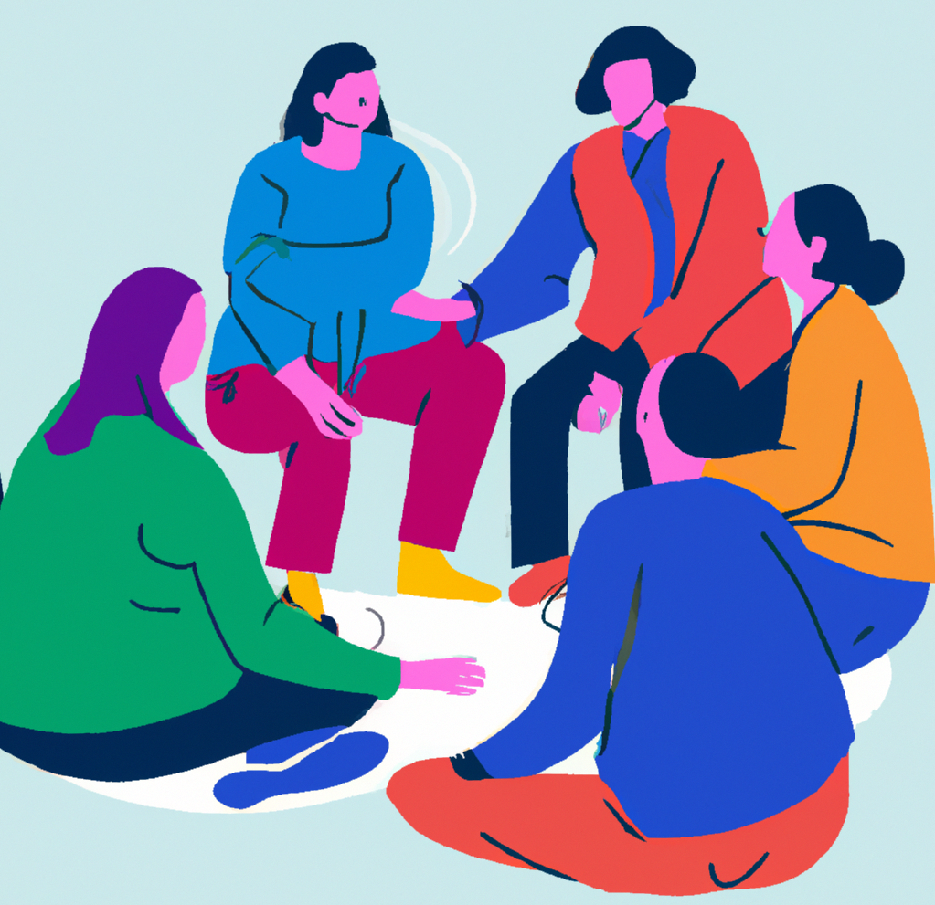 Drawing of people sitting in a circle and having a conversation.