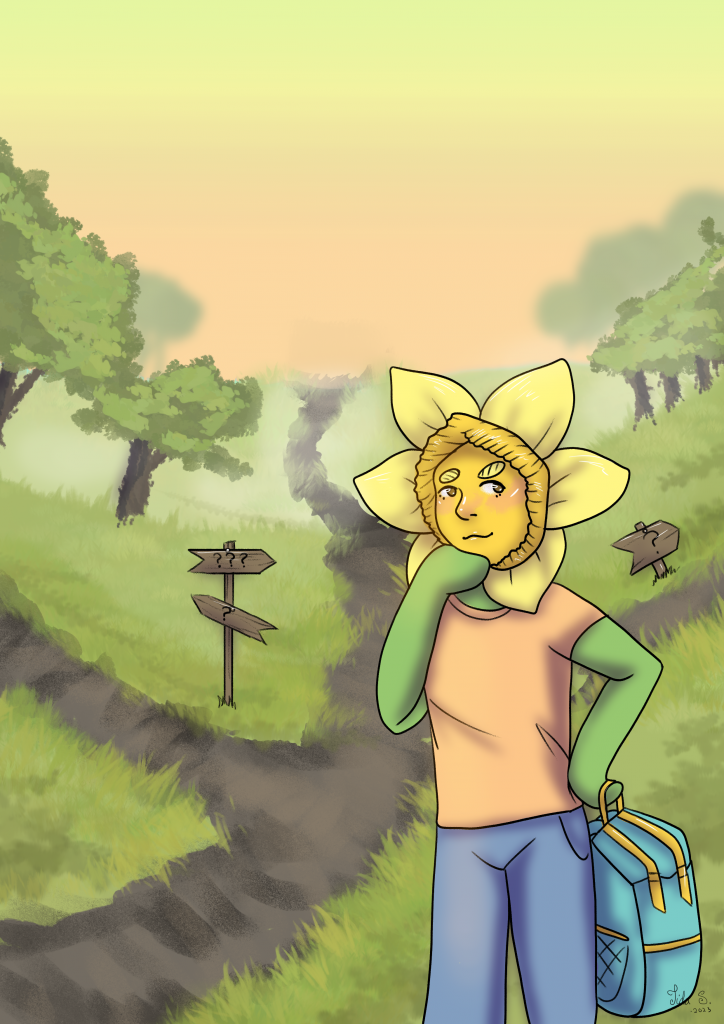 Drawing of a person with a flower on their head standing at a crossroads.